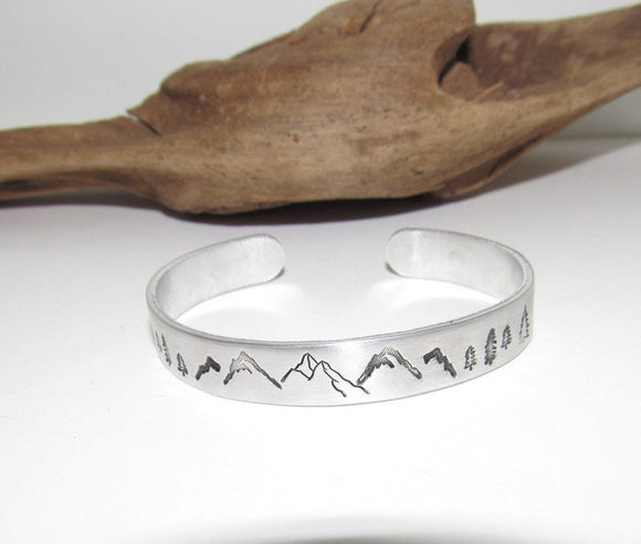 Mountain cuff, tree cuff bracelet, mountain lover gift, adjustable silver cuff, stamped jewelry, stamped cuff bracelet