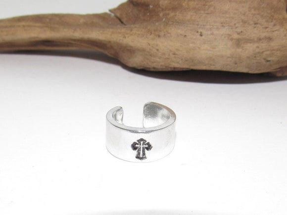 silver aluminum cross ring, rock climber ring, Personalized Adjustable stamped ring,  stamped cross jewelry, boho ring
