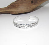 Mountain and tree theme stamped cuff bracelet, mountain lover gift, adjustable silver cuff, stamped jewelry