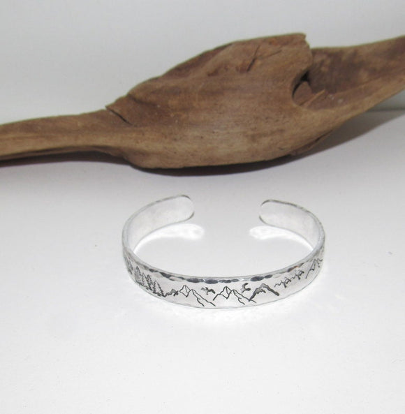 Mountain theme Personalized Adjustable stamped cuff bracelet, Mount lover bracelet, adjustable silver cuff, stamped jewelry, mountain ring