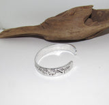 Mountain and tree theme stamped cuff bracelet, mountain lover gift, adjustable silver cuff, stamped jewelry