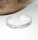 Mountain cuff, tree cuff bracelet, mountain lover gift, adjustable silver cuff, stamped jewelry, stamped cuff bracelet