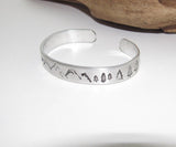 Mountain cuff, tree cuff bracelet, mountain lover gift, adjustable silver cuff, stamped jewelry, stamped cuff bracelet