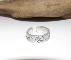 adjustable rose ring birth flower ring, stamped ring, hand stamped jewelry , custom ring, personalized ring