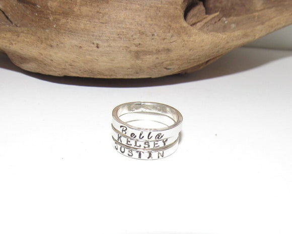 sterling silver skinny stacking name ring set, personalized name jewelry, hand stamped jewelry, Anniversary gift for mom