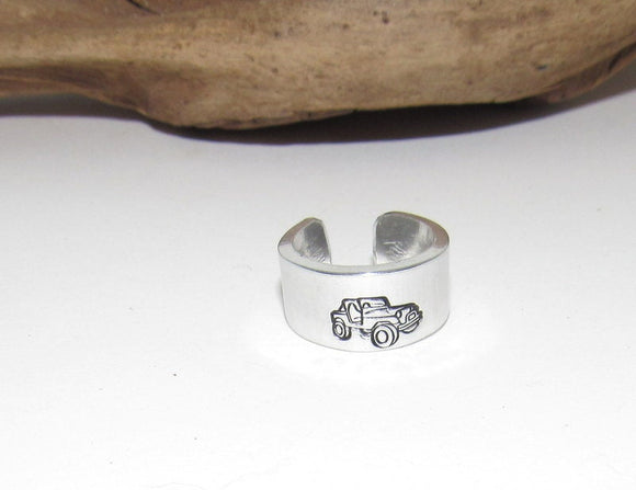 Pewter silver Off road truck ring, rock climber ring, Personalized Adjustable stamped ring,  stamped jeep jewelry, boho ring