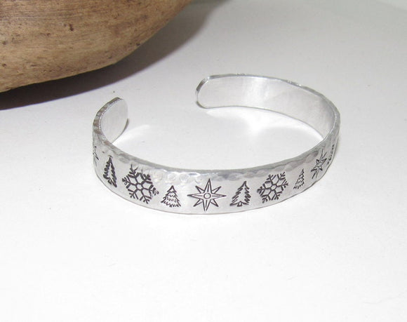 Christmas snow flake bracelet with trees, adjustable cuff, stamped jewelry, stamped bracelet, stocking stuffer bracelet