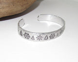 Christmas snow flake bracelet with trees, adjustable cuff, stamped jewelry, stamped bracelet, stocking stuffer bracelet