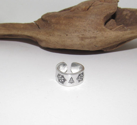 Christmas snow flake ring with trees, adjustable ring ,stamped ring, stocking stuffer ring