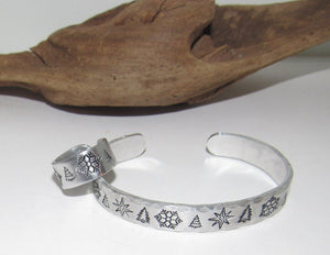 Christmas snow flake ring and bracelet set, adjustable ring, tree adjustable cuff, stamped jewelry, stocking stuffer bracelet