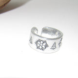Christmas snow flake ring with trees, adjustable ring ,stamped ring, stocking stuffer ring