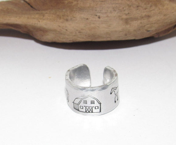 Horse barn ring, horse lover Aluminum Hand Stamped Ring, horse lover jewelry  personalized adjustable  ring, gift for horse lover