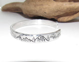 Skinny stacking Mountain cuff, tree cuff bracelet, mountain lover gift, adjustable silver cuff, stamped jewelry, stamped cuff bracelet