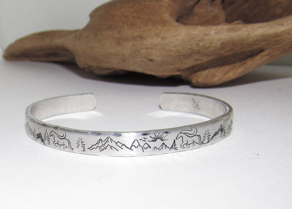 Skinny stacking Mountain cuff, tree cuff bracelet, mountain lover gift, adjustable silver cuff, stamped jewelry, stamped cuff bracelet