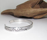 Skinny stacking Mountain cuff, tree cuff bracelet, mountain lover gift, adjustable silver cuff, stamped jewelry, stamped cuff bracelet