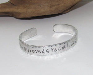 sterling silver She believed she could so she did cuff bracelet, stamped pewter jewelry, graduation gift for best friend personalized