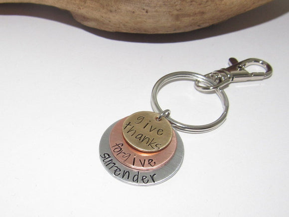 Give thanks forgive surrender keychain, encouragement key ring, personalized key ring , design your own keyring