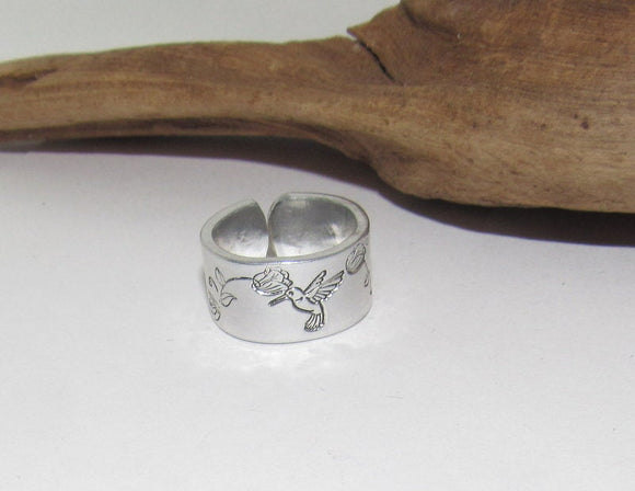 Sterling silver Humming bird  Adjustable stamped ring,  bird  lover silver ring, inspiration rings adjustable ring, stamped jewelry,