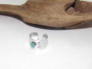 Adjustable initial ring with faux turquoise stone, aluminum initial ring, hand stamped ring, western ring, personalized gift