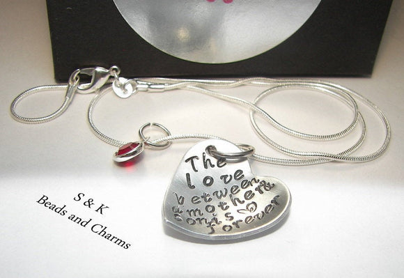 The love between a mother and son is forever, Hand stamped jewelry, sterling silver, engraved jewelry, mommy necklace, custom stamped, heart